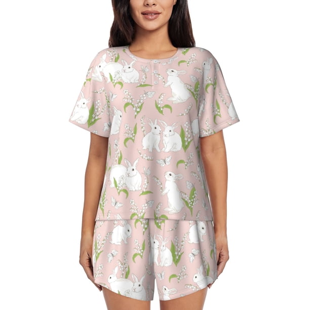 Balery Rabbit Conjunto de Pijama para Mujer con Estampado, Dos Piezas de Manga Corta y Shorts, Ropa de Dormir Suave con Cuello Redondo y Bolsillos-Large