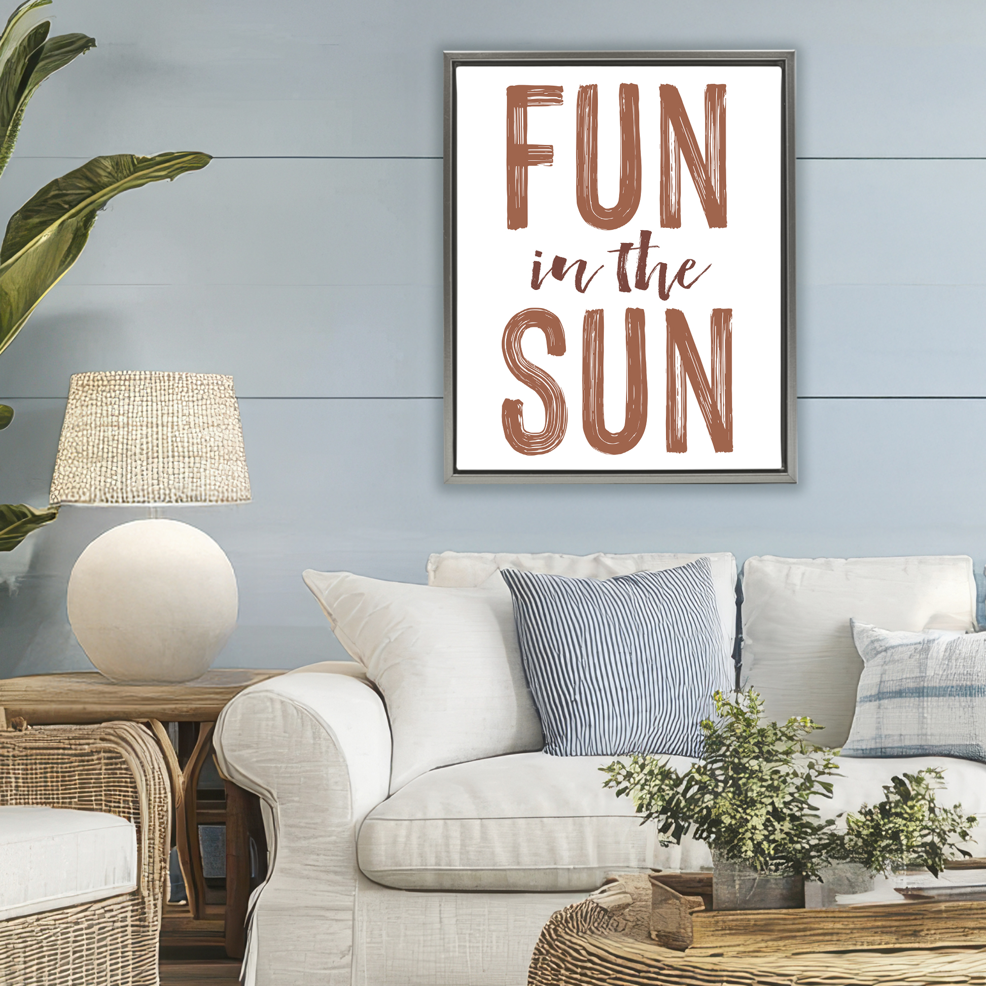 Summer Sentiment Fun In Sun Gray Framed Floater Canvas Wall Art, design by Lettered and Lined