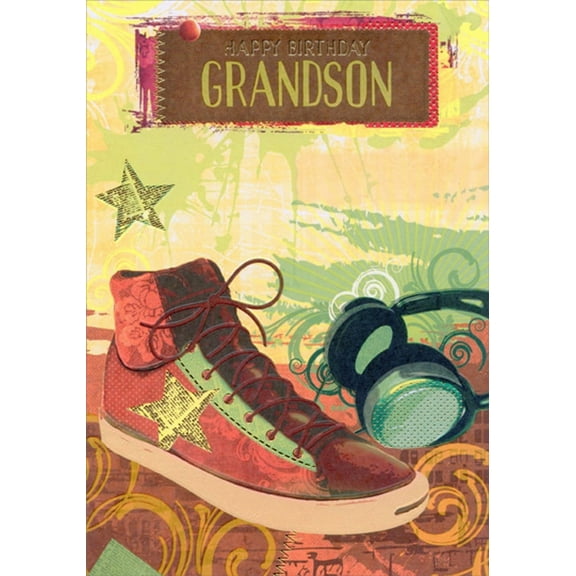 Designer Greetings Sneaker with Foil Star and Headphones Birthday Card for Teen / Teenager Grandson