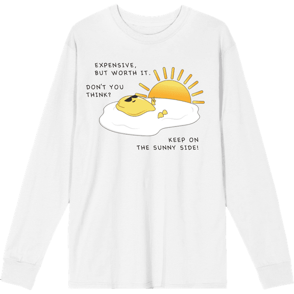 "Eggspensive Eggs - Keep On The Sunny Side" Adult White Crew Neck Long Sleeve Tee-Medium