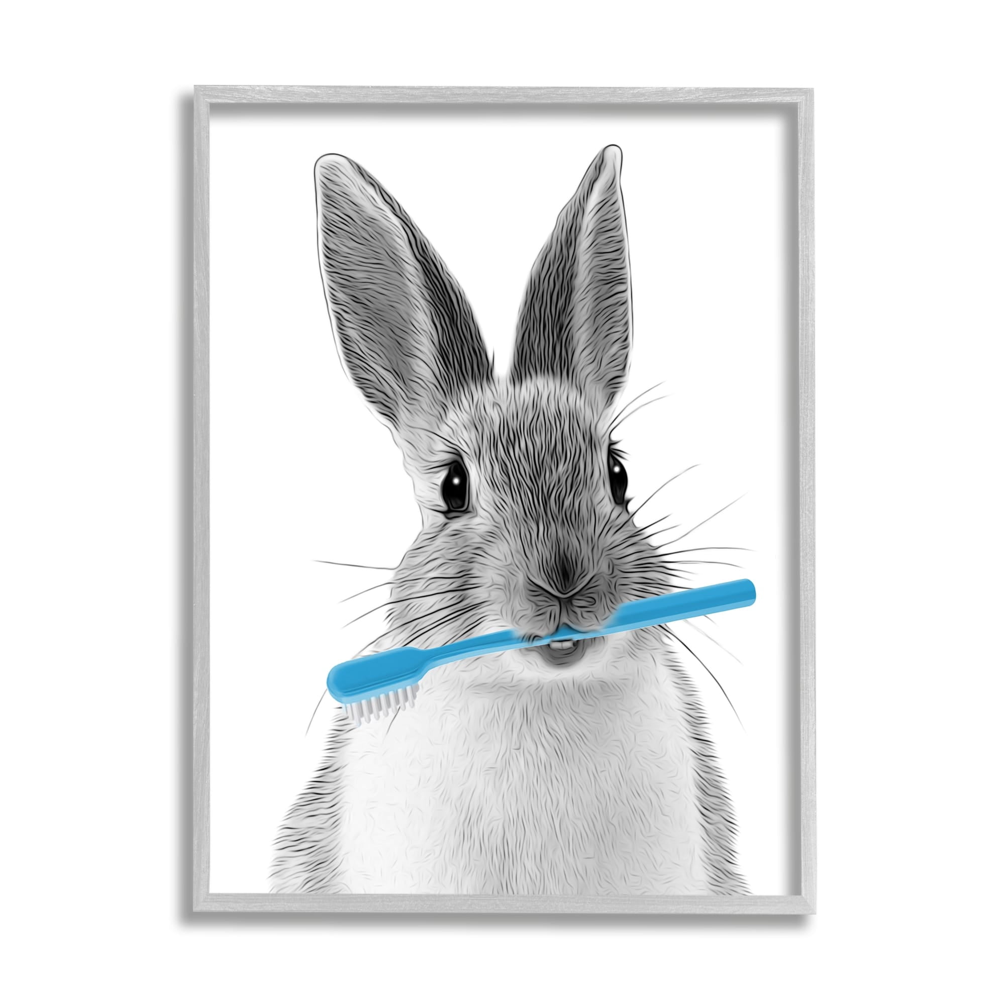 Stupell Industries Bunny Toothbrush Bathroom Animal Animals & Insects Painting Gray Framed Art Print Wall Art