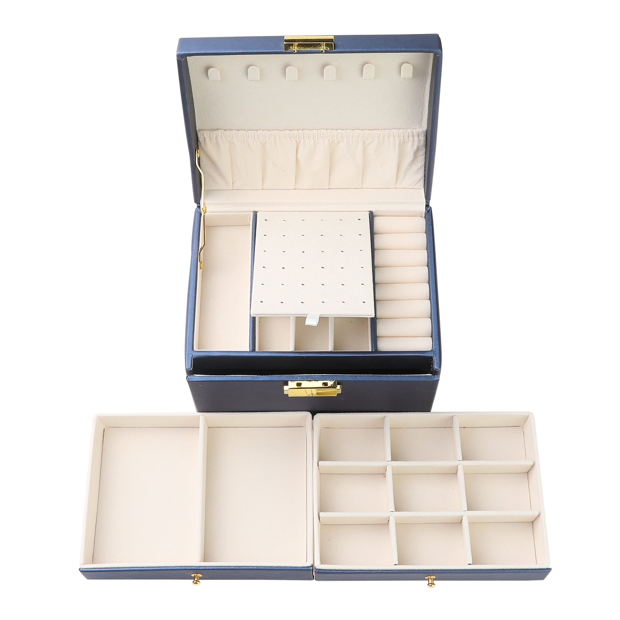 Unique Bargains 3 Layer Jewelry Box PU Leather Jewelry Organizer Case with Drawer Blue