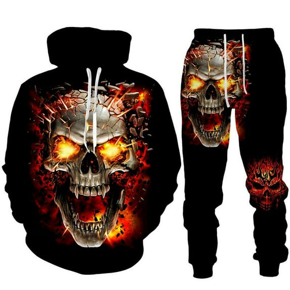 Novelty 2 Piece Streetwear Outfit Long Pant Set Sweatsuits Tracksuits 3D Printed Skull Hoodie Pants Set Cool Skeleton Graphic Sweatshirt Jogger Pants