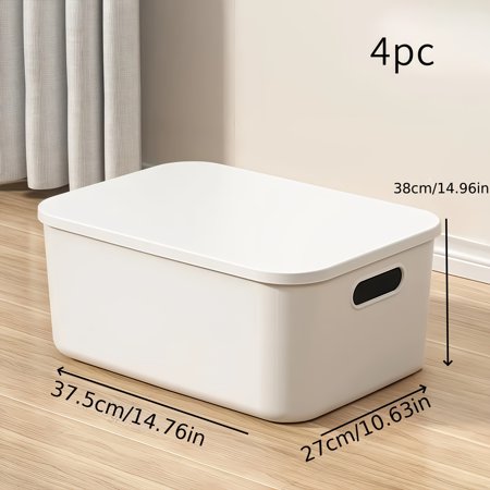 4pcs White Plastic Storage Box Stackable Storage Container With Cover And Handle For Organizing Toys Books Pantry Items Multi-purpose Home Storage Accessories