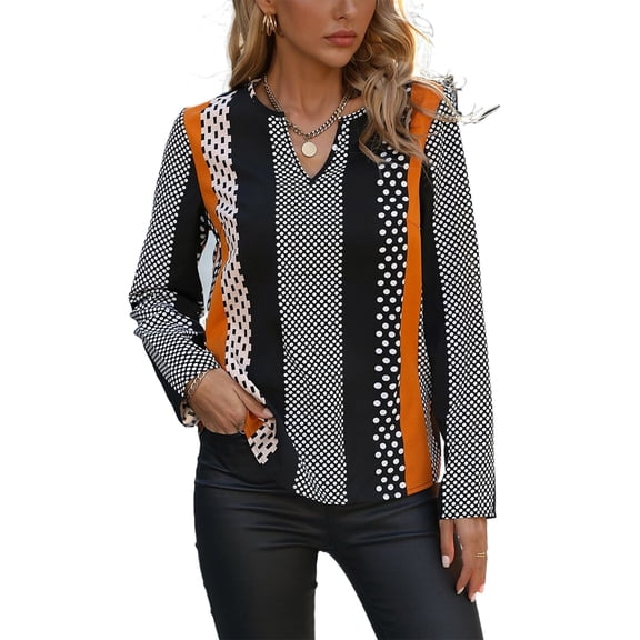 Women's Orange Geo Print Colorblock Notched V Neck Blouse for Casual and Semi-Formal Wear | [ZhiHiMeRi] | (US 12-14)L