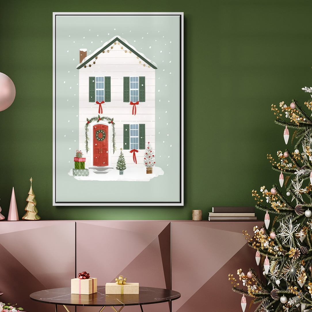 Festive Front Door III - Framed Gallery Wrapped Holiday Canvas - 27 x 41 - White Frame
