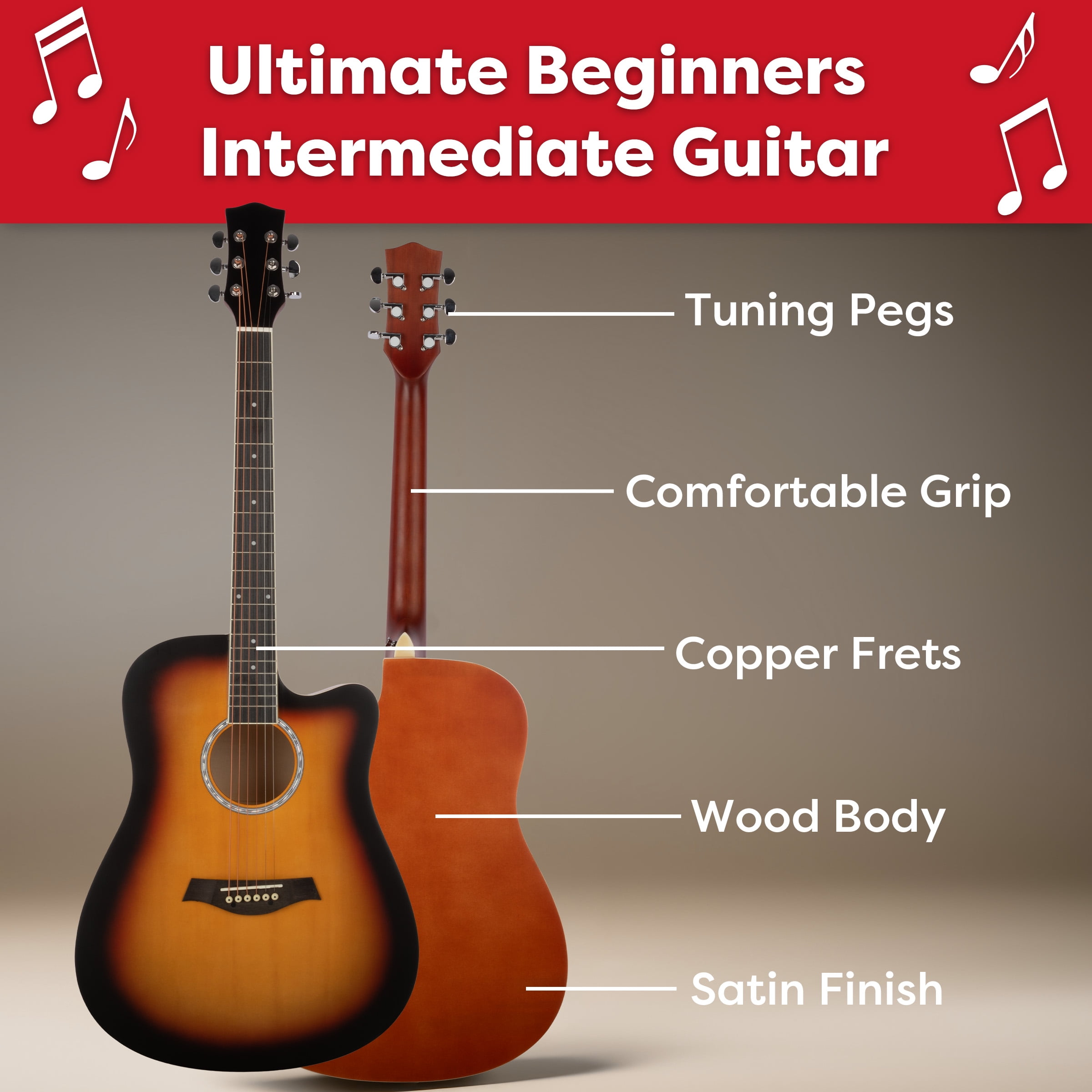 Hey Play 41in Acoustic Guitar with Case, Capo, Strings, and Picks (Brown)