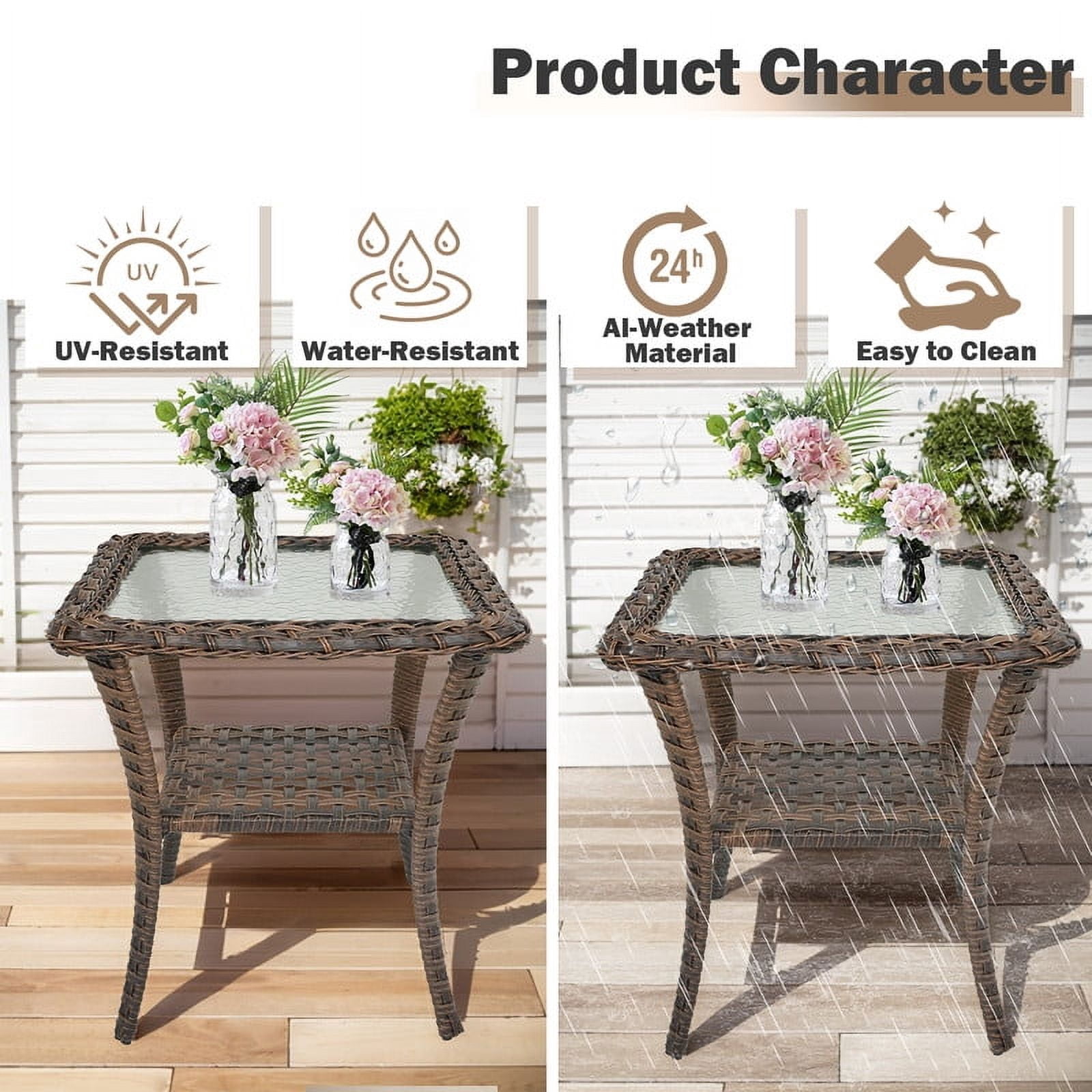 PARKWELL Outdoor End Table with Tempered Glass Top and 2-Layer Storage Shelves,All-Weather Brown Wicker Square Side Table for Backyard Porch Garden