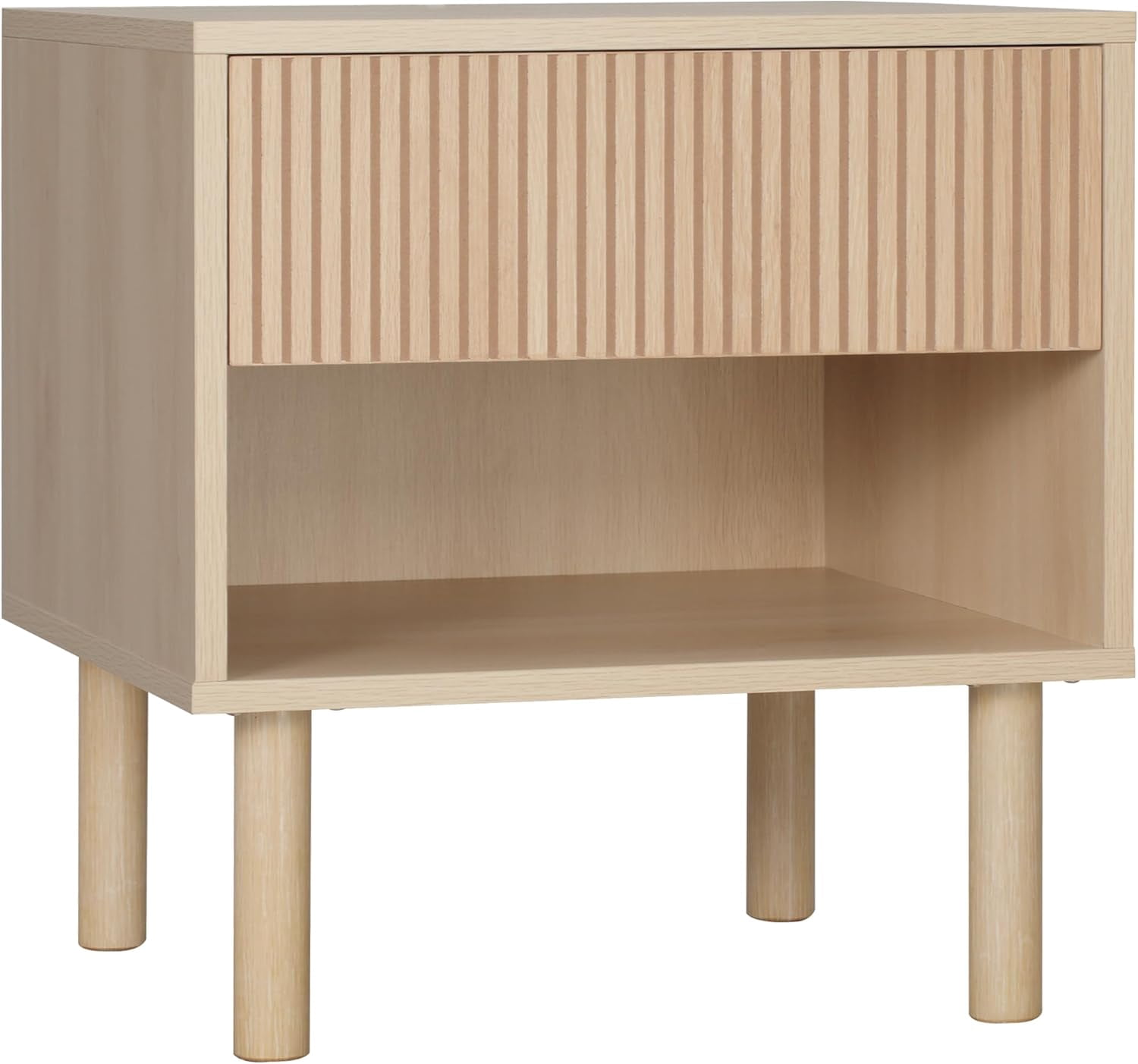 Mid-Century Modern Nightstand with Fluted Drawer, Bedside Table with Open Storage Shelf & Cylindrical Legs, Boho Side End Table for Bedroom, Natural Wood