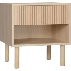 Mid-Century Modern Nightstand with Fluted Drawer, Bedside Table with Open Storage Shelf & Cylindrical Legs, Boho Side End Table for Bedroom, Natural Wood