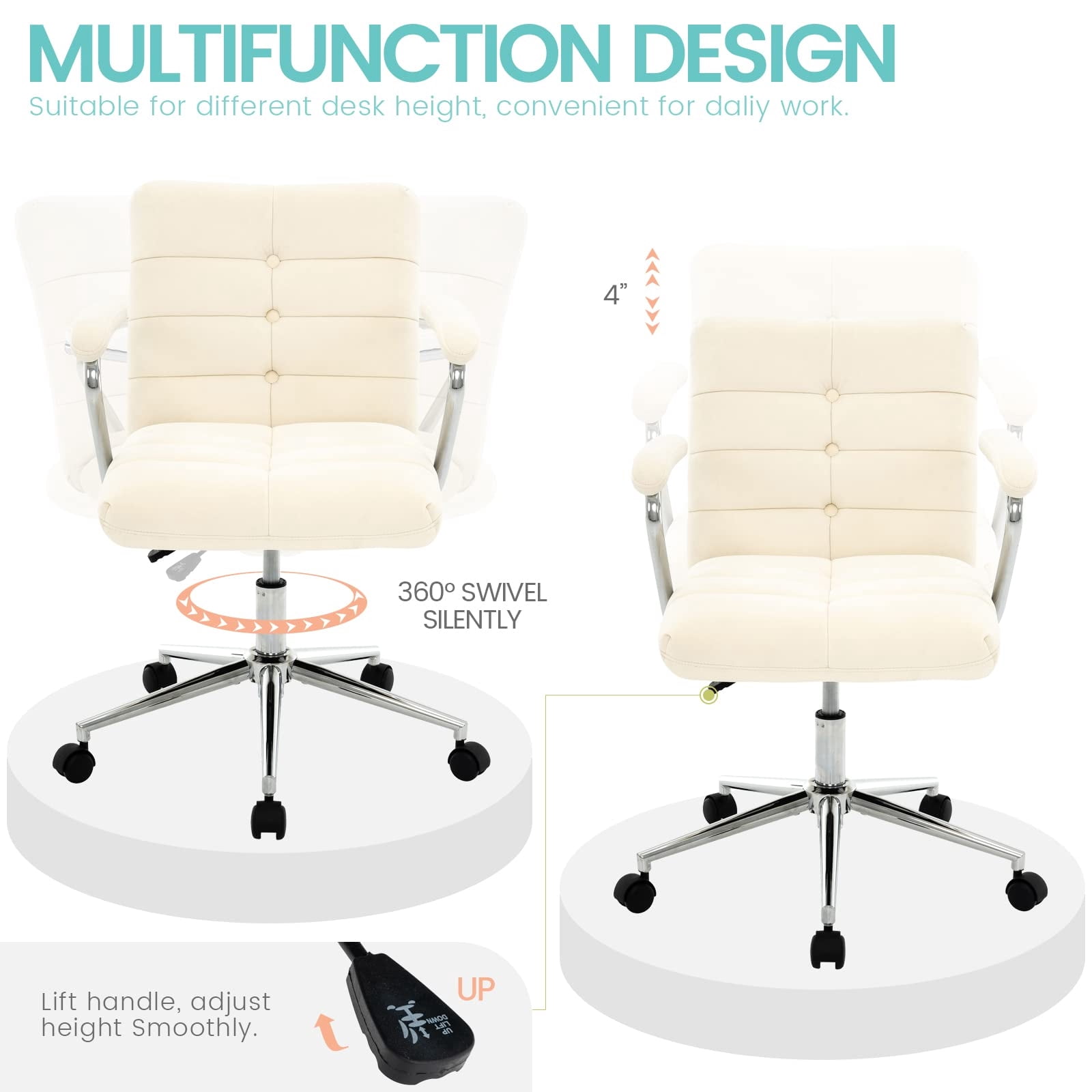 Velvet Desk Chair with Arms, Adjustable Height Home Office Chair, Mid-Back Upholstered Vanity Chair with 360° Swivel and Wheels for Living Room or Study, Beige
