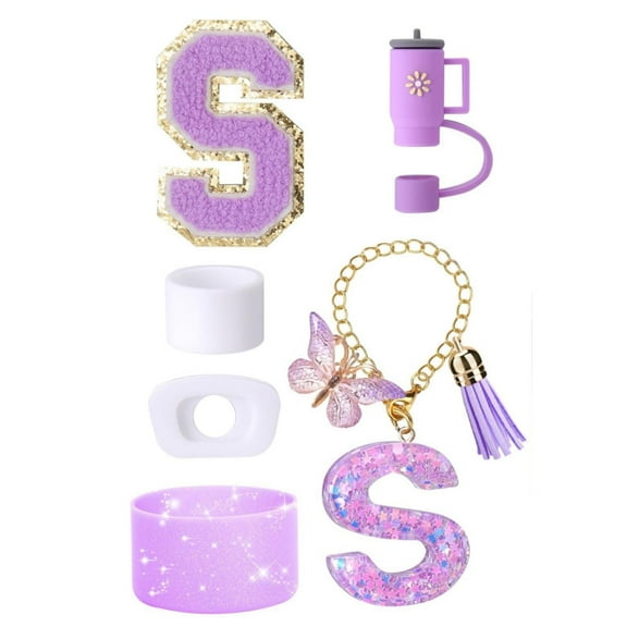 6 Pieces Tumbler Initials Decoration for Stanley, Cup Accessories for Stanley Cup 30oz 40oz, Including Silicone Straw Cover Cap and Boot, Spill Proof Stopper, Handle Charm, Sticker