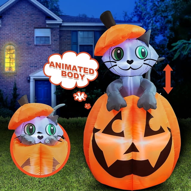 Joiedomi Decoraciones inflables de Halloween de 5 pies para exteriores, decoración inflable de Halloween al aire libre, calabaza para patio, gato inflable animado de Halloween en calabaza con LED para