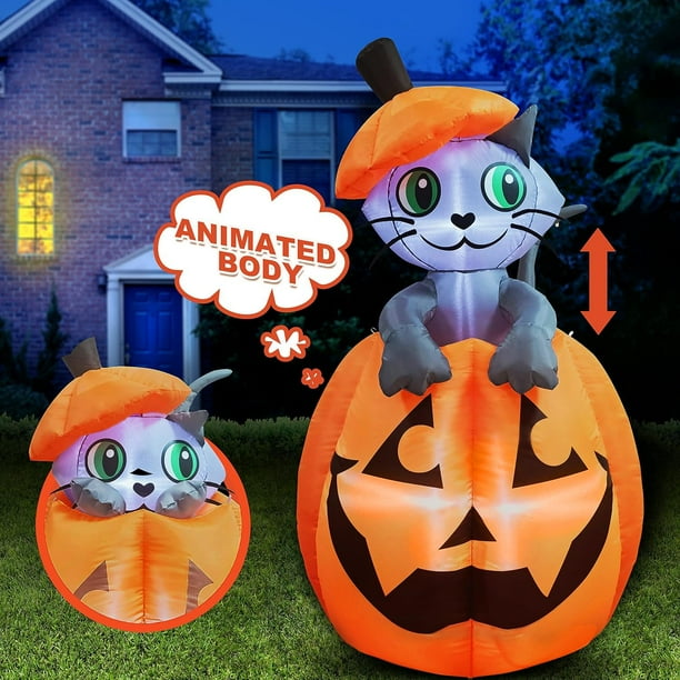 Joiedomi Decoraciones inflables de Halloween de 5 pies para exteriores, decoración inflable de Halloween al aire libre, calabaza para patio, gato inflable animado de Halloween en calabaza con LED para