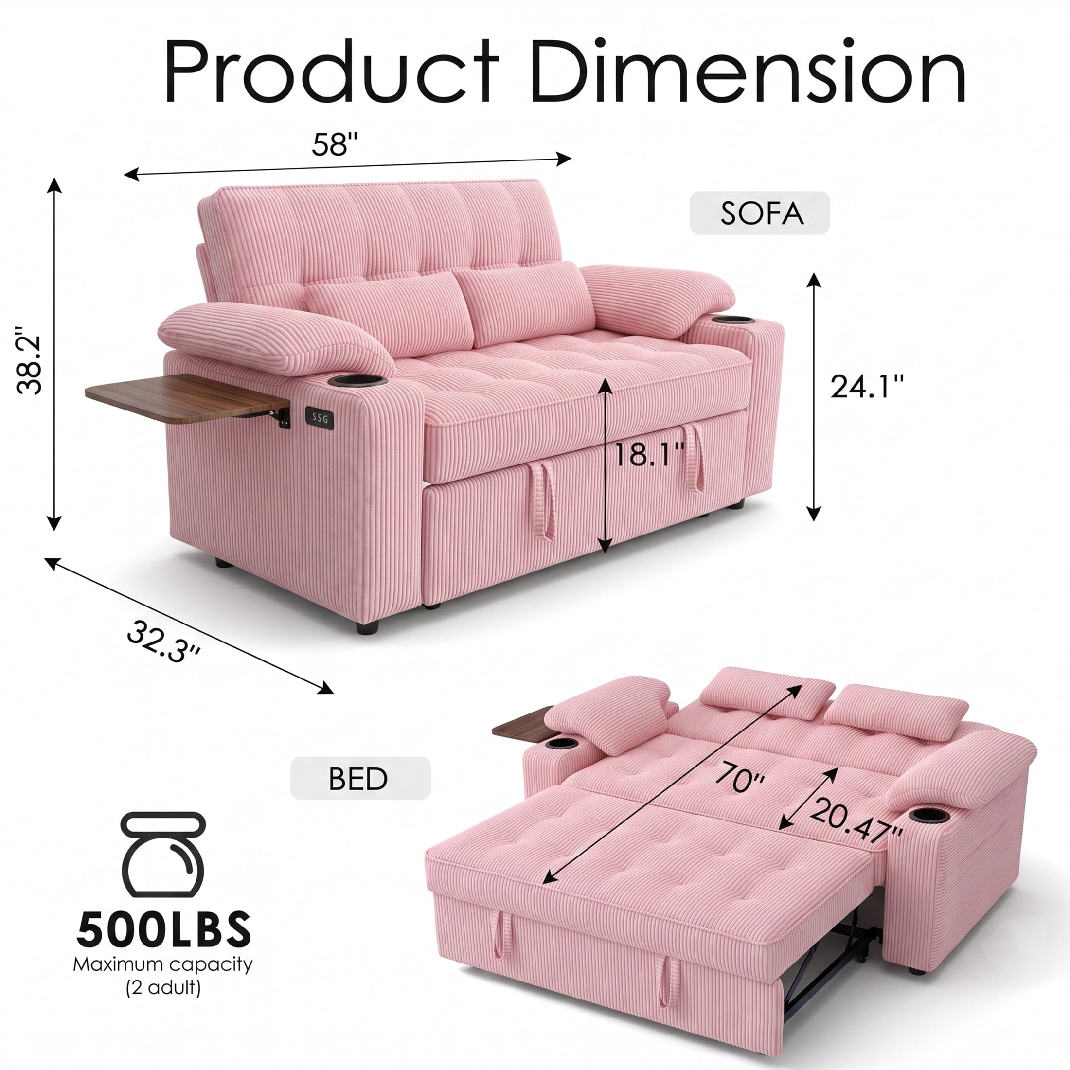 58" Convertible Sleeper Sofa Bed, Full Size Pull Out Couch with USB Charging, Cup Holders, Side Table, Adjustable Backrest, Corduroy Loveseat for Living Room, Apartment, Office (Pink)