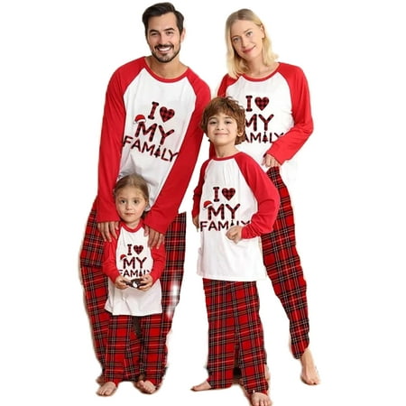 

Gwiyeopda Matching Parent-Child Pajamas Sets Christmas PJ s Letter Print Long Sleeve Tops and Plaid Pants Jammies Sleepwear