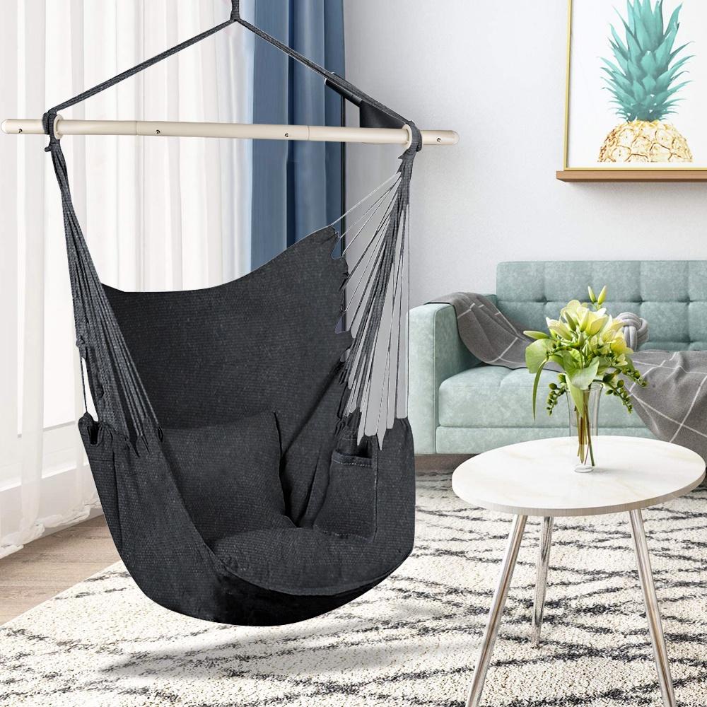 Hammock Chair Swing, Relax Hanging Rope Swing Chair with Detachable Support Bar, 2 Seat Cushions & Carry Bag, Soft Cotton Hammock Chair Swing Seat for Yard Bedroom Patio Porch Indoor Outdoor - image 2 of 8