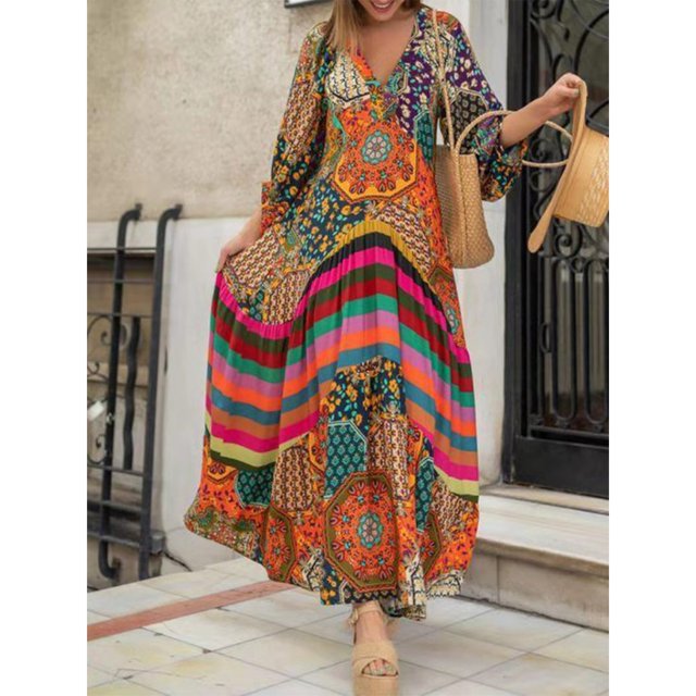 REDHOTYPE Élégante Dames Parti Robe de Mode Col Carré Décontracté Dos Nu Robe de Corps Manches Longues Imprimé Style Robe de Plage Longue