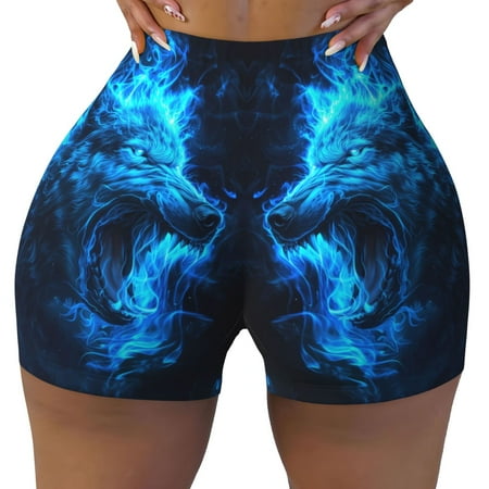 Workout Shorts Women  Blue Fire Wolf Biker Shorts for Women Running Gym Spandex Shorts Tummy Control