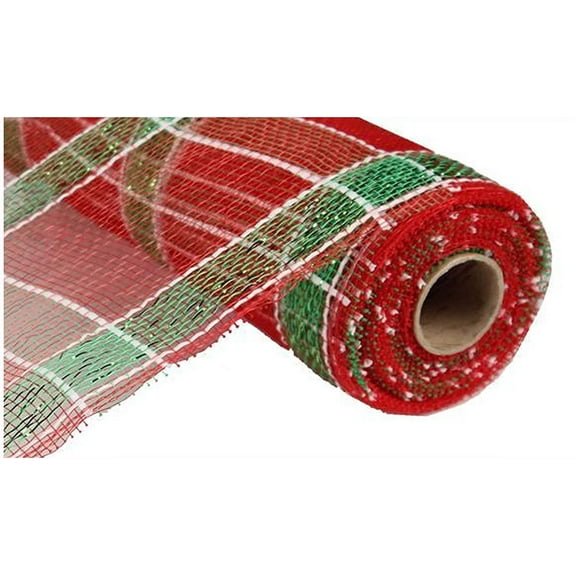 10 Inch x 10 Yards 30 feet Deco Poly Mesh Ribbon - Red, White and Green Plaid : RE1313A7
