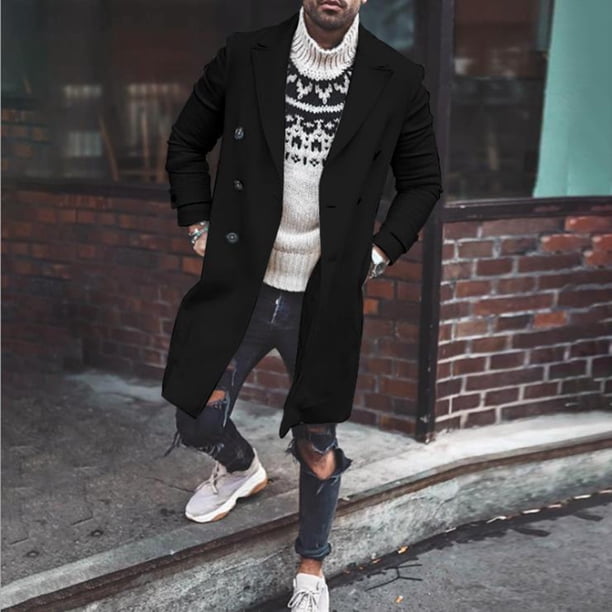 Puntoco Chaqueta De Lana Con Solapa Y Bolsillo De Largo Medio, Con Capucha, Manga Larga Y Color Liso Para Hombre