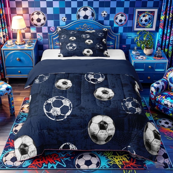 Castle Fairy Soccer Ball Print Twin Comforter Sets 2pcs, Sport Theme Bedding Set, Navy Blue White,Navy Blue Reversible,1 Comforter and 1 Pillowcase