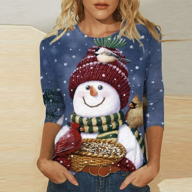 Hauts de Sortie pour Femmes Décontracté Ample Col Rond Manches 3/4 Imprimé de Noël Blouses d'Été en Solde