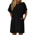 thumbnail image 1 of Vestido informal de verano de color liso para mujer - Vestido de playa holgado de manga corta y cuello redondo con bolsillos - Mezcla transpirable hasta la rodilla, 1 of 4