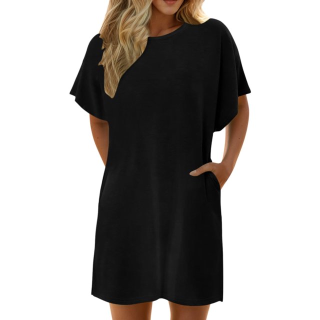Vestido informal de verano de color liso para mujer - Vestido de playa holgado de manga corta y cuello redondo con bolsillos - Mezcla transpirable hasta la rodilla