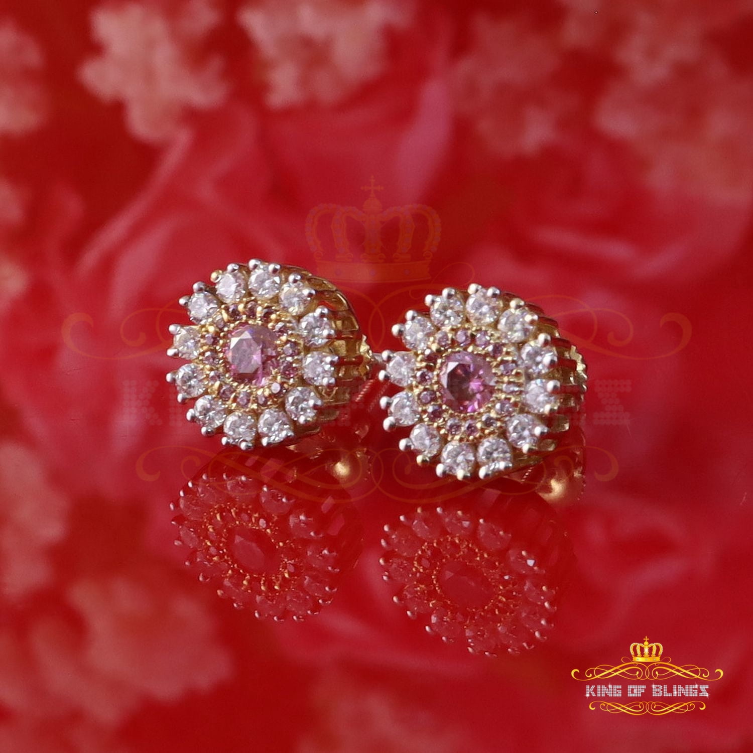 King of Bling's Men's/Women's 925 Silver Yellow 1.00ct VVS D Pink Moissanite Round Stud Earrings