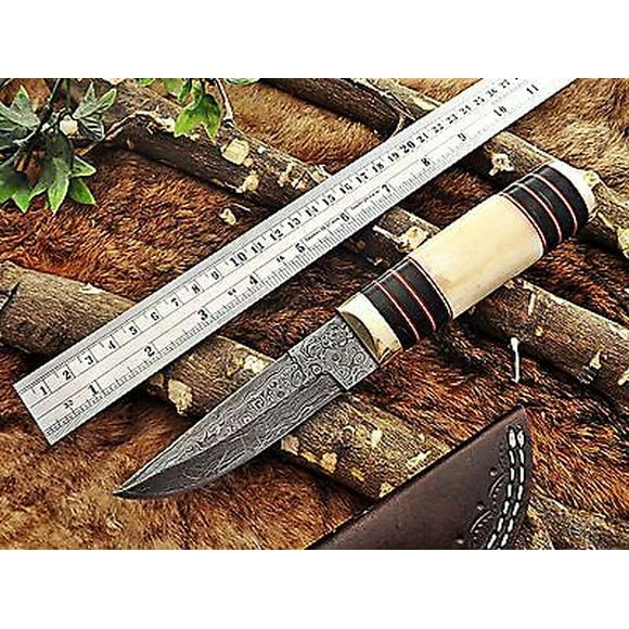 10" Damascus steel skinner Knife,Camel bone Brass & Bull horn scale, sheath