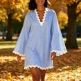 thumbnail image 4 of SETOOFF Women Vertical Stripe Mini Tunic Dress V Neck Wavy Trim Bell Long Sleeve Loose Shift Dress Beach Cover Up Casual Vacation Daily Dress, 4 of 8