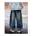 thumbnail image 4 of LRen Boys Black Wide Leg Jeans Size 8 High Waisted Comfy Elastic Waist Wide Leg Jeans Boy Loose Fit Classic Fashion Long Trousers Streetwear with Pockets,Blue,4-5 Years, 4 of 9