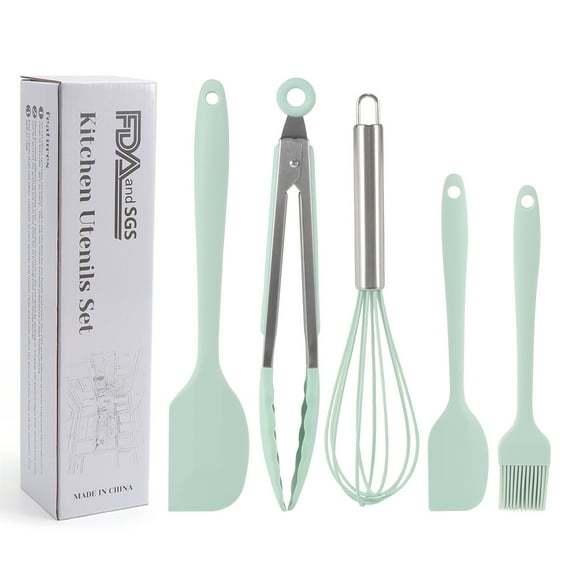 MINI Set of Five Mint Green and Gunmetal Silicone Kitchen Utensil Set