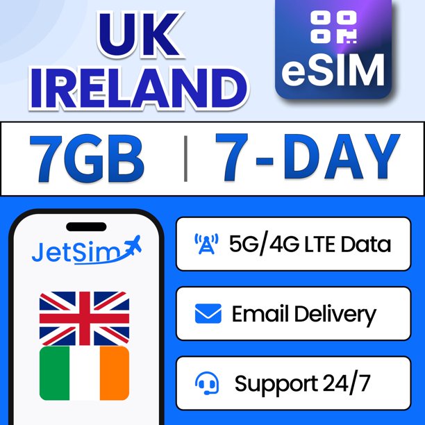 eSIM JETSIM Reino Unido e Irlanda 7 GB de datos prepago por 7 días