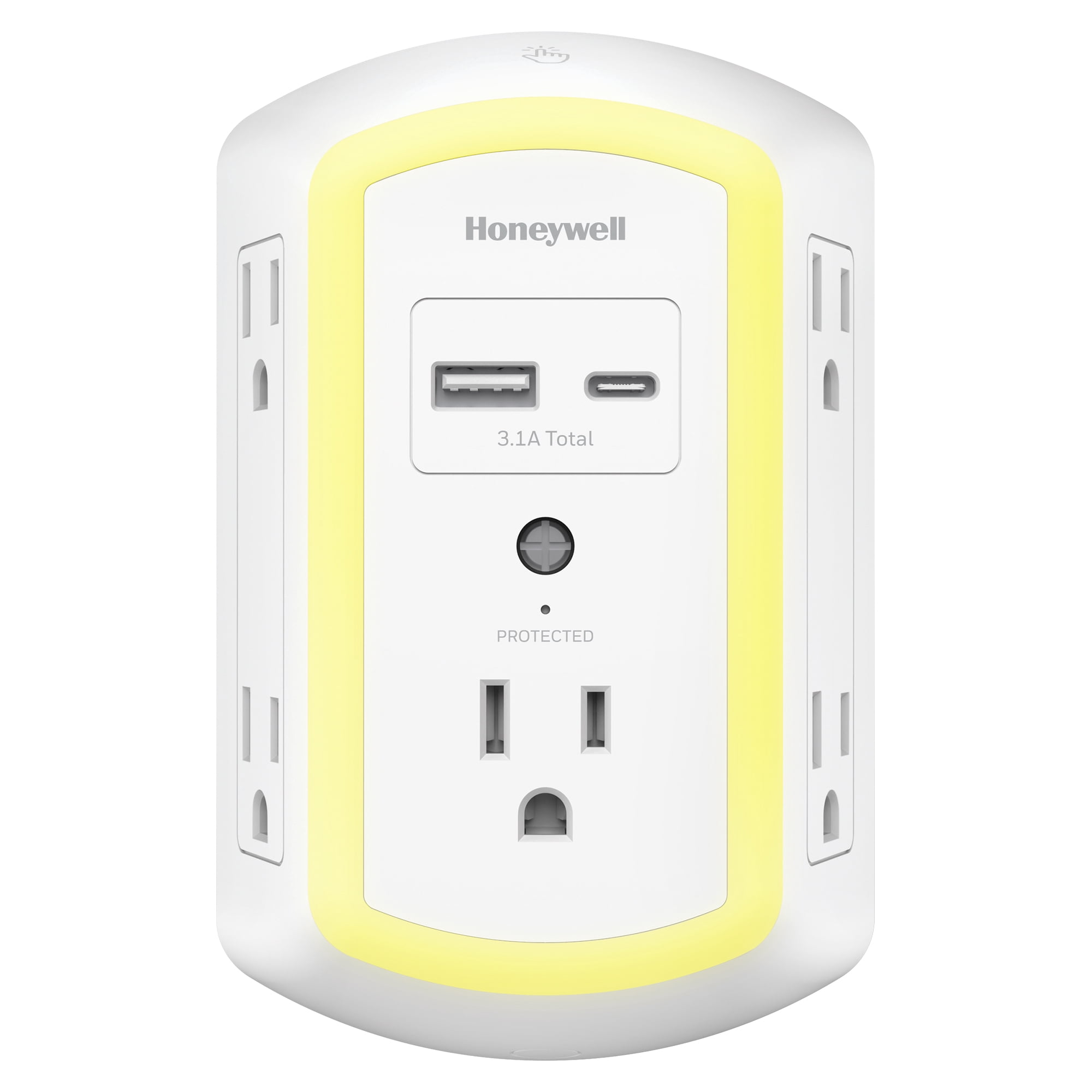 Honeywell 5-Outlet 2-USB LED Night Light Surge Protector Wall Tap, White