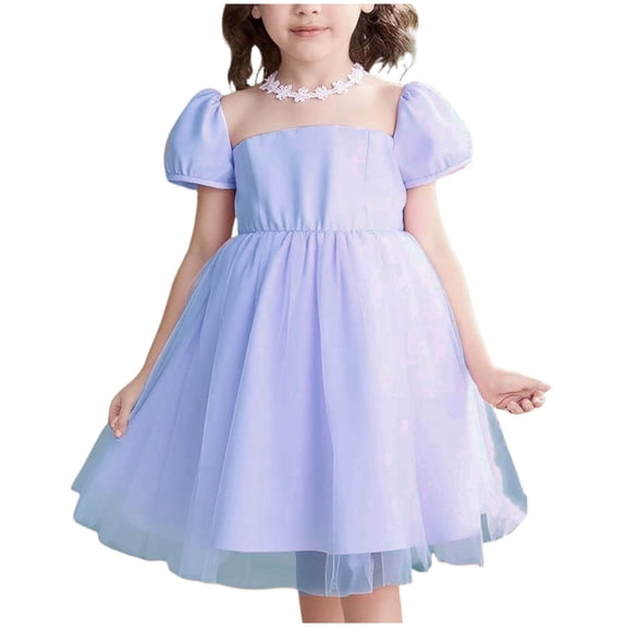Avrntaa Toddler Girls Tulle Dress Puff Short Sleeve A-Line Flowy Dress Casual Party Dresses 4-8Y