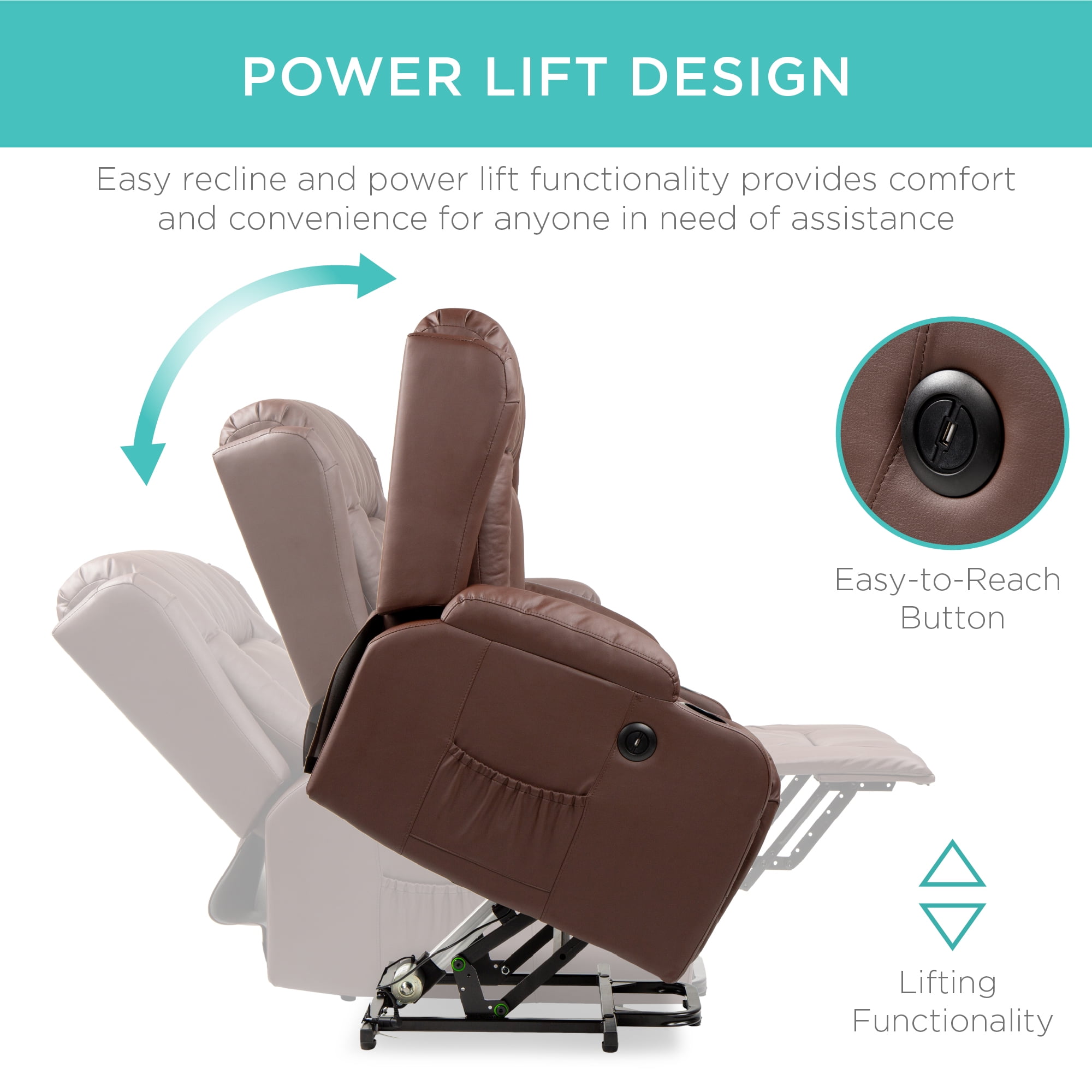 Best Choice Products Electric Power Lift Recliner Massage Chair Furniture w/ USB Port, Heat, Cupholders - Brown