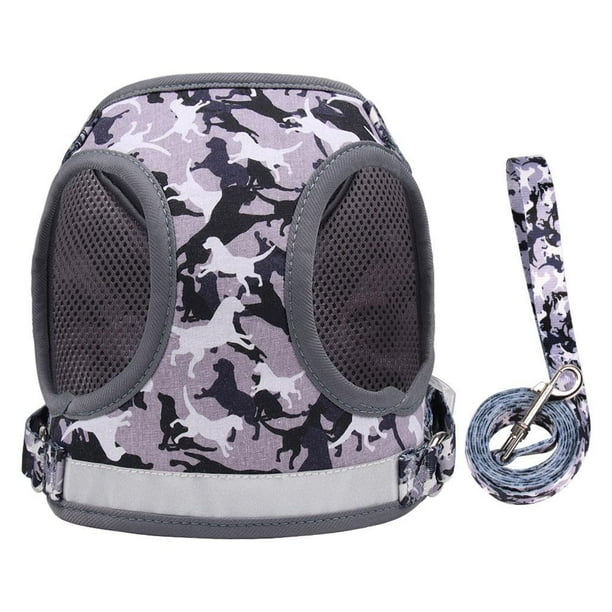 Arnés de malla reflectante para perros pequeños con correa para pasear. Camuflaje gris XL