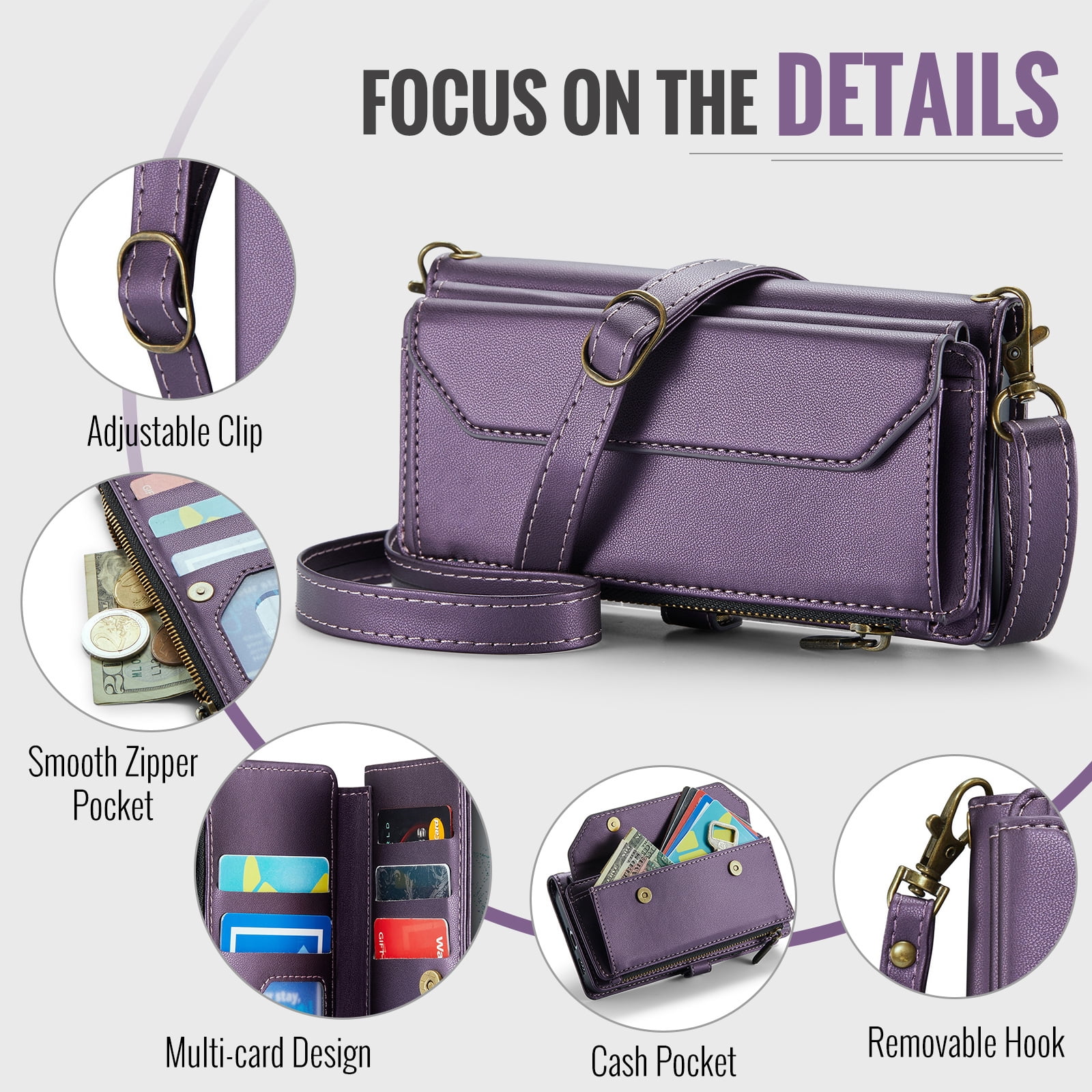 Asuwish Compatible with Samsung Galaxy S22 5G Zipper Wallet Phone Case Tempered Glass Screen Protector Crossbody Lanyard Strap Flip Card Holder Slot Cell Cover for S 22 22S 4G G5 6.1 Women Purple