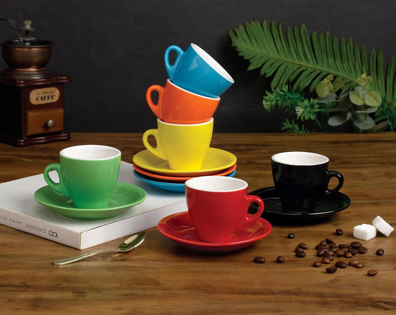 HOMEHUT Espresso Cups and Saucers Set of 6 - 3 Oz Porcelain Demitasse Cups, Mix Coffee Cup Set with Matching Saucers, Microwave and Dishwasher Safe Small Espresso Cups for Home and Café Use