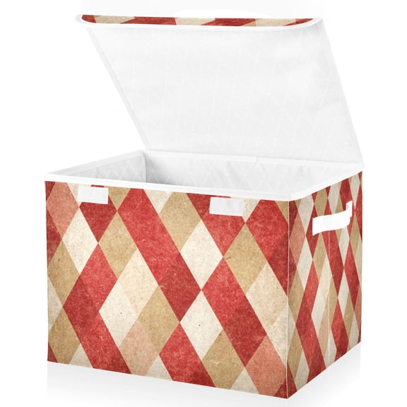 Foldable Fabric Storage Bin With Handle Collapsible Basket Box Storage With Lid Organizer Red & Cream