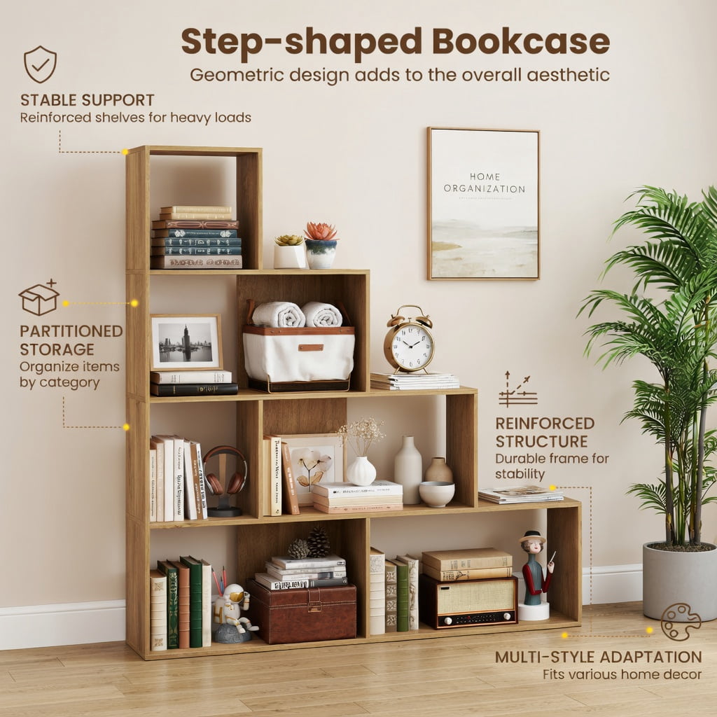 GVN Bookcases,6 Cubes Ladder Shelf Corner Bookshelf Storage Bookcase-Natural