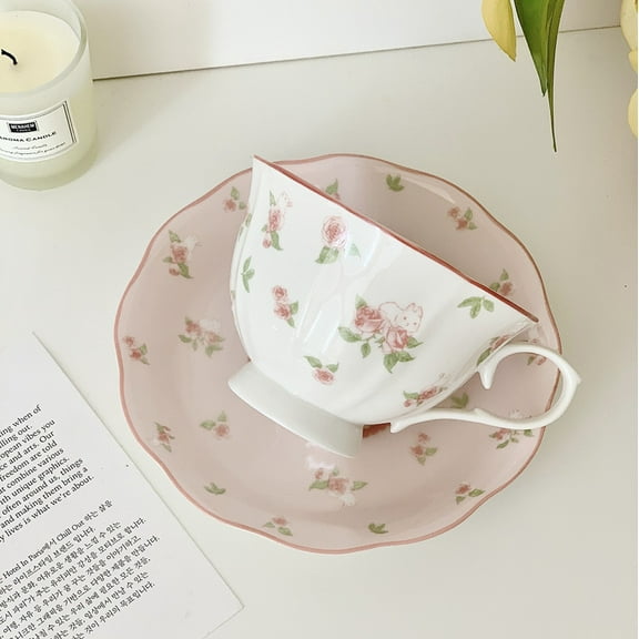 Totoro Hero French Pink Rabbit Print Vintage Coffee Cup and Saucer Set Ceramic Cup Cute Girls' Afternoon Tea Dim & Saucer