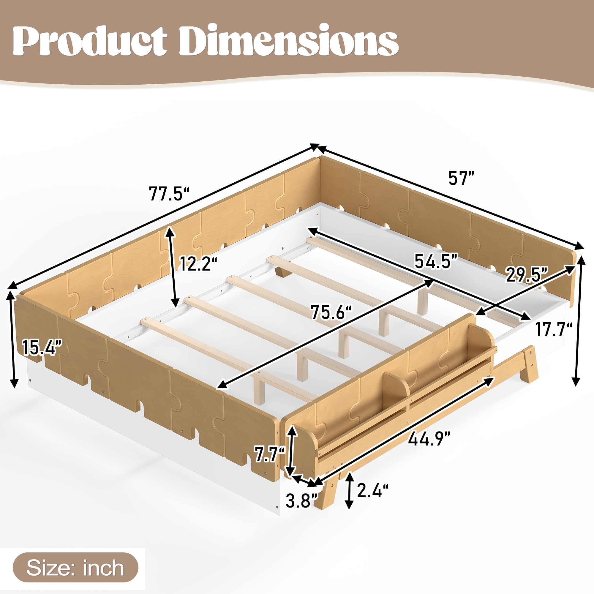 Mintazer Full Size Montessori Floor Bed Frame, Kids Puzzle Block Design Platform Bed with Guardrails & Bookshelf for Bedroom, Natural & Beige