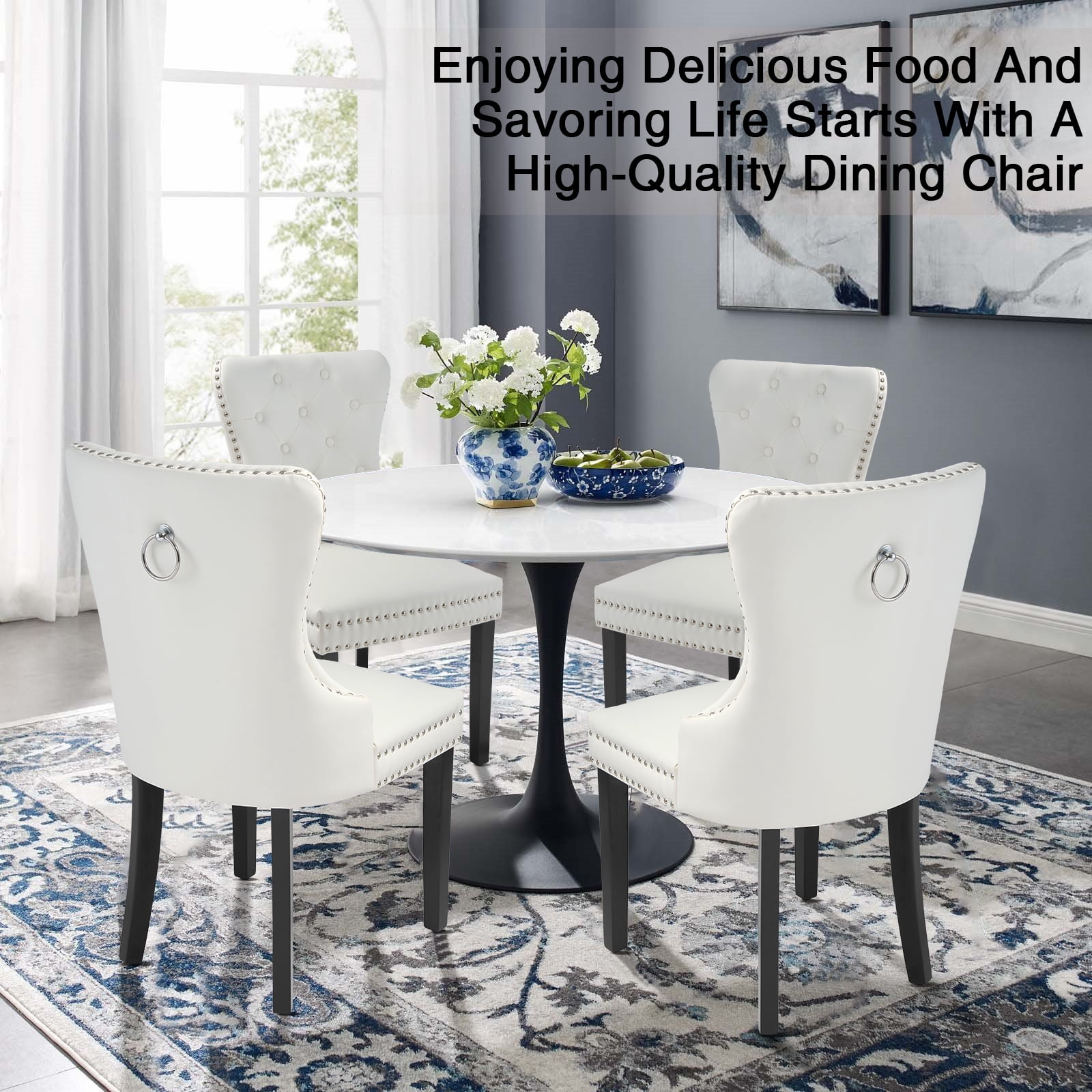 Foredo PU Leather Dining Chairs Set of 2, Tufted Upholstered Dining Room Chair with Pull Ring and Solid Wood Legs, White