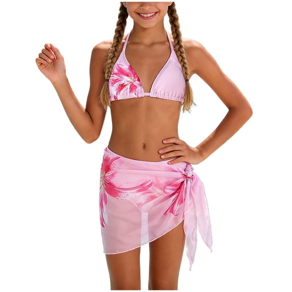 Hudaneo Teen Girls 3 Piece Swimsuit Floral Print Halter Bikini Top with Cover Up Skirt, 7-16 Years