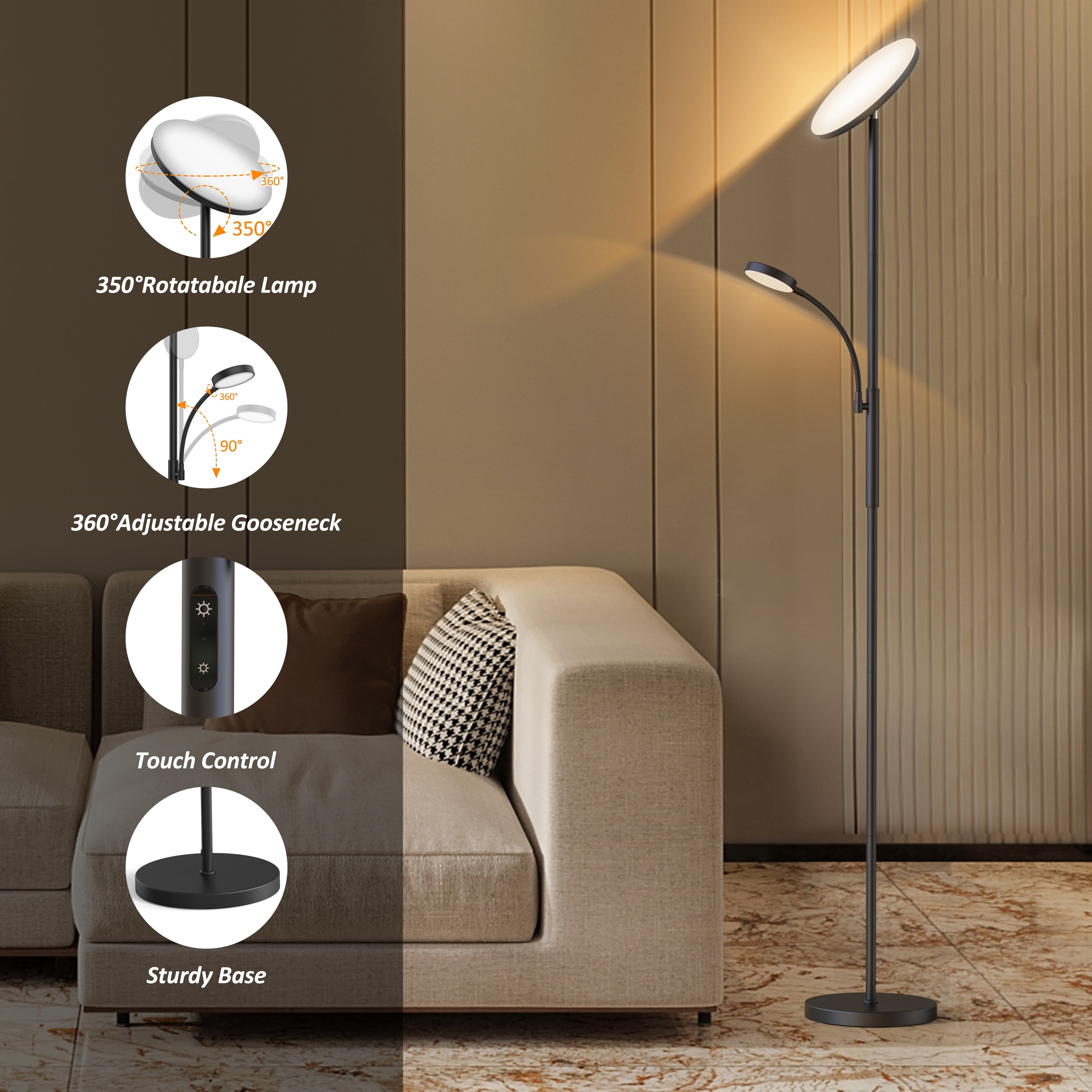 LED Floor Lamp for Bright Living Room Lighting, Dual-Head 27W/2000LM Main & 7W/350LM Side Reading Lamp, 3 Adjustable Colors with Remote & Touch Control