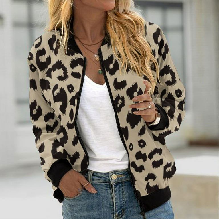 JURANMO Womens Bomber Jacket 2024 Fall Winter Women s Casual Temperament Trendy Lapel Collar Full Zipper Up Jackets Loose Retro Leopard Print Long Sleeve Coat with Pockets October Deals Walmart