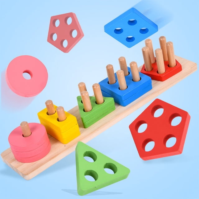 Baby Stacking Toy Colorful Wooden Shape Sorting Toy Geometric Block Puzzle Toy Color Shape Recognition Motor Skill Montessori Early Educational Toy for 3 Years Old Toddlers